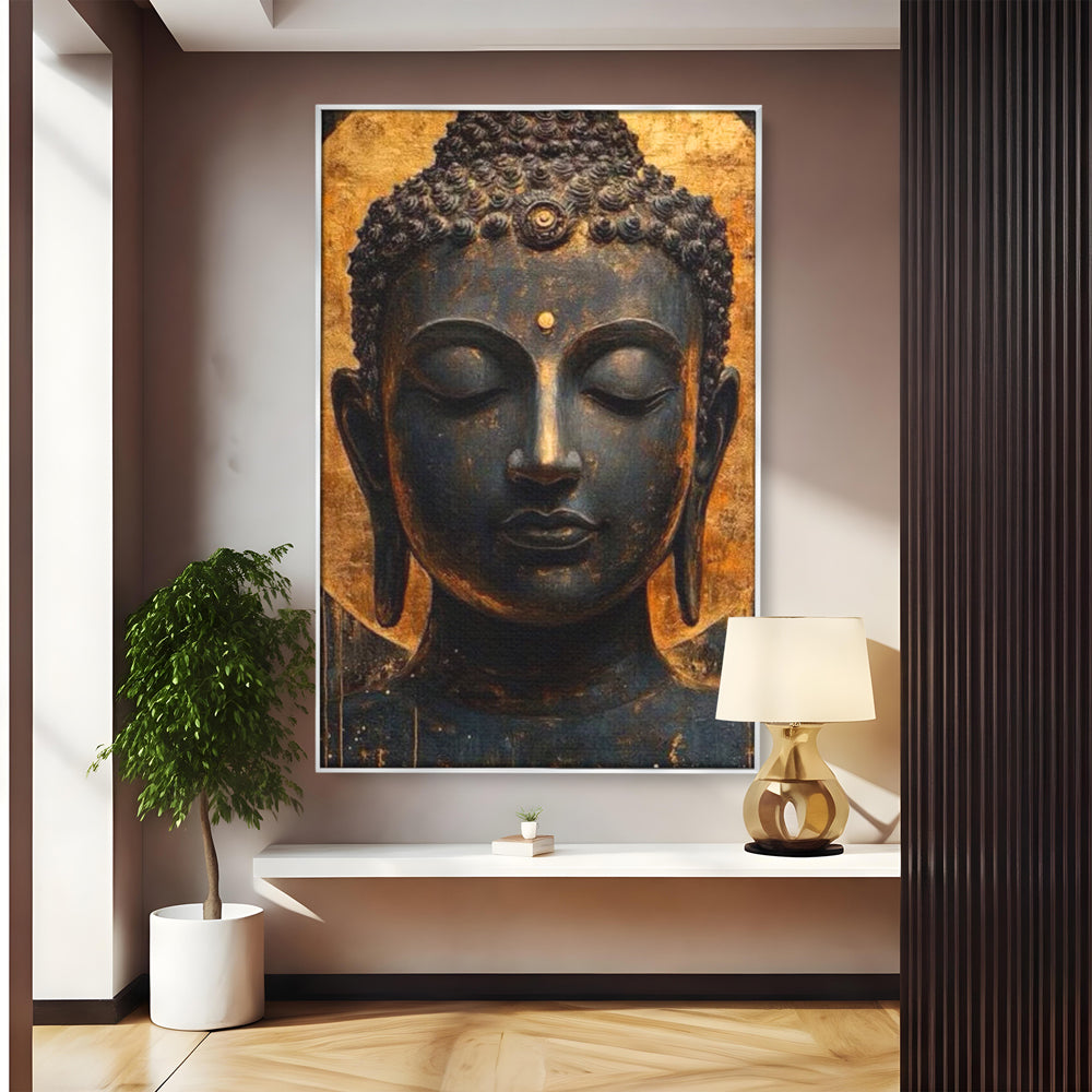 Tablou canvas cu tablou canvas cu capul lui buddha, in rama de aluminiu argintiu